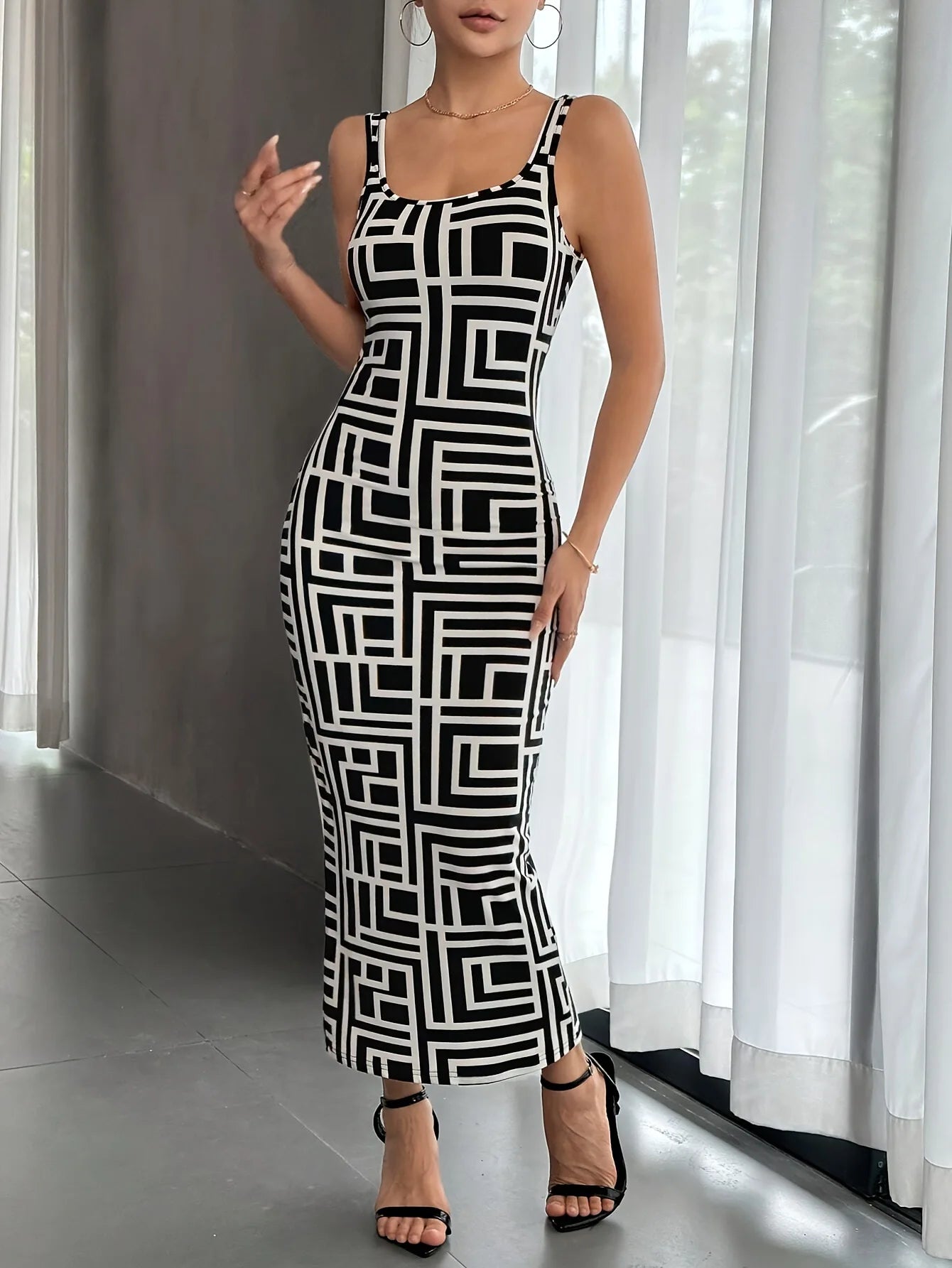 Womens Print Dresses Sleeveless Casual Round Neck Midi Skinny Dress