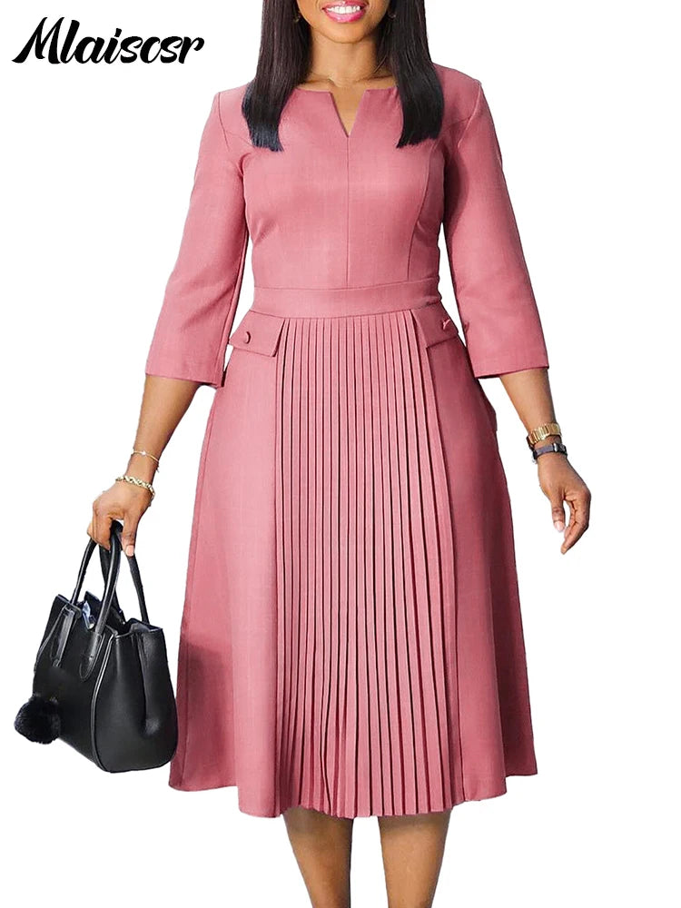 Elegant Pink A-line Dresses Women V-neck 3/4 Sleeve Pleat