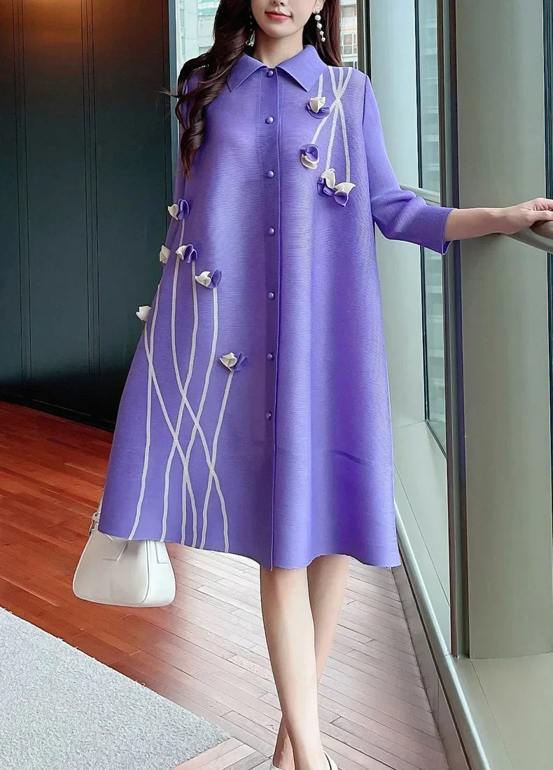 Pleated Dress Dress Lapel Print Loose  Cardigan