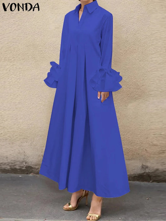 Women Elegant Shirt Dress Ruffle Pleated Maxi Long Dress Casual Loose Denicy