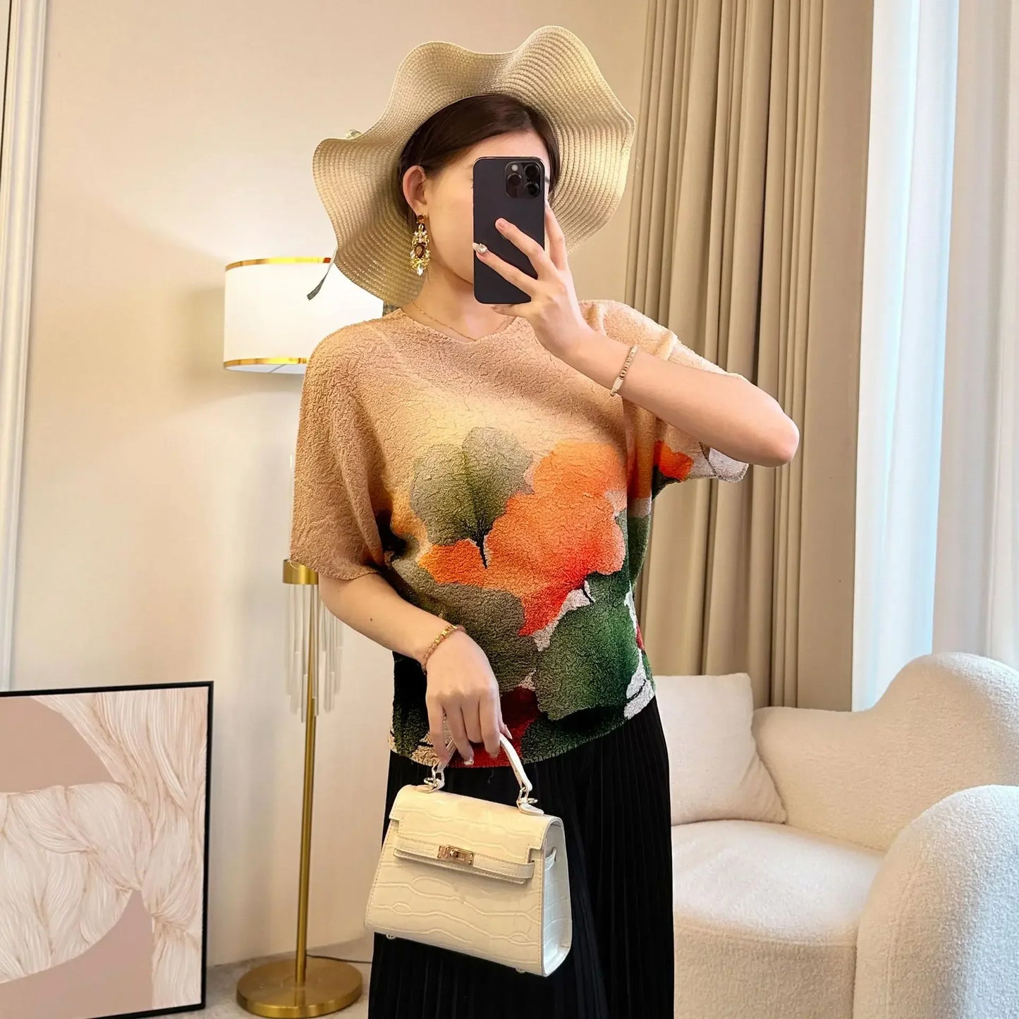Pleated Top Women Round Neck Short Sleeve Dress