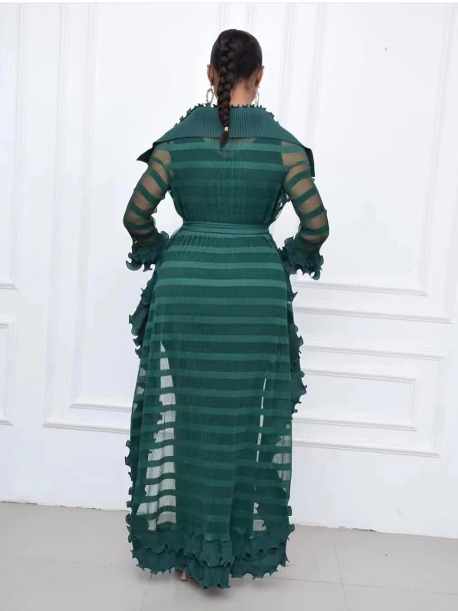 Pleated Set Solid Flounced Full Sleeved Evening Party Two Piece Sets Women