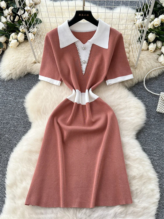 Vintage Knit Midi Sundress Women Polo Collar Short Sleeves Beading Chic Dress