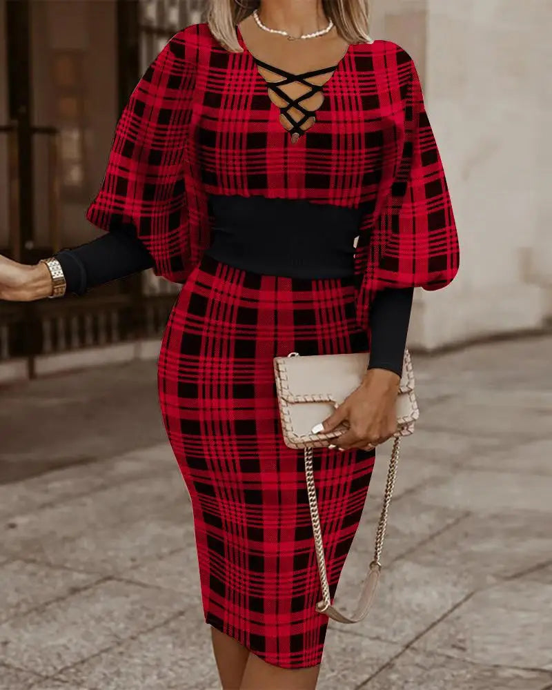 Elegant Long-sleeved V-neck Waist Dress  Winter Slim Vintage Dresses
