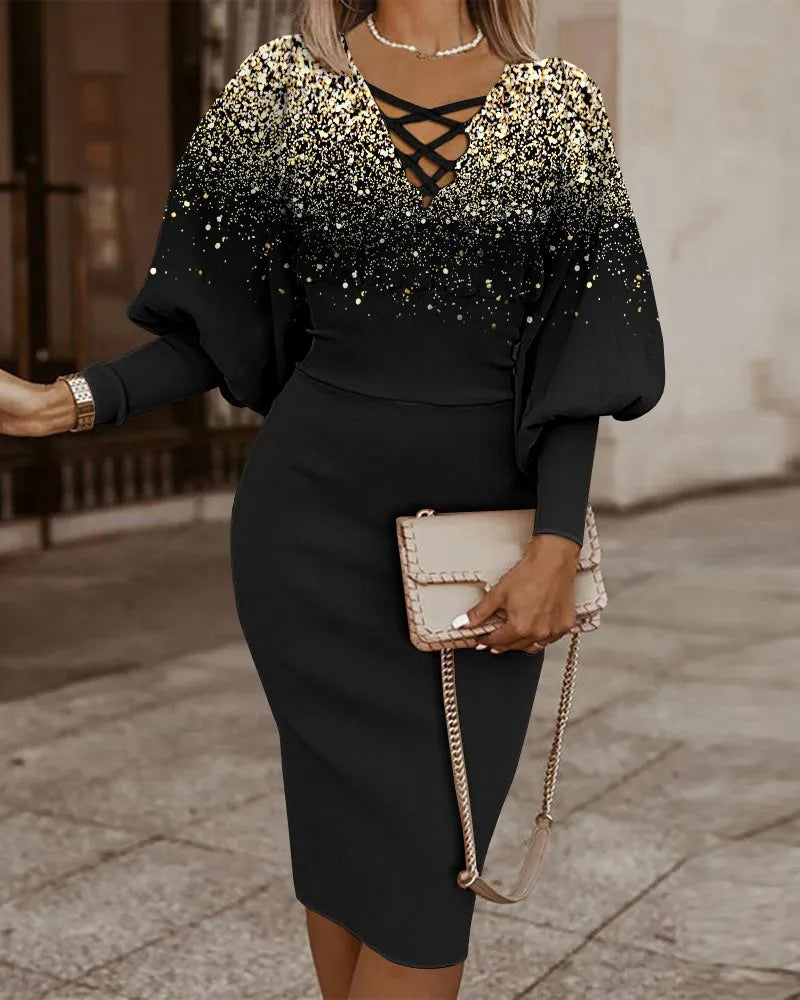 Elegant Long-sleeved V-neck Waist Dress  Winter Slim Vintage Dresses