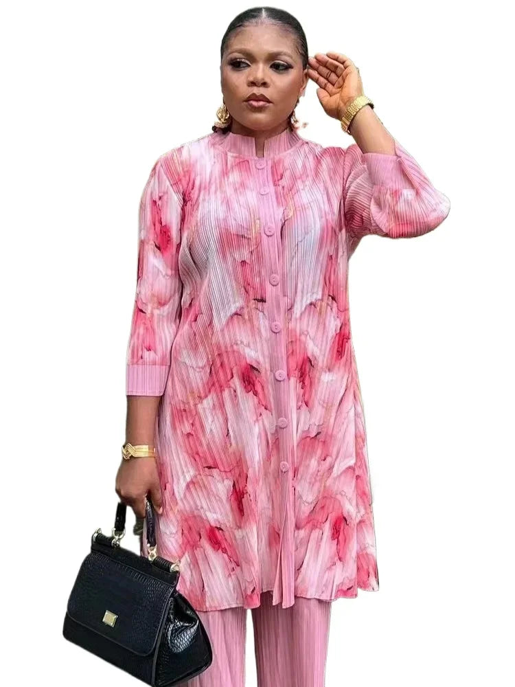 Temperament Pleated Lapel Blouse with Straight Pants Woman