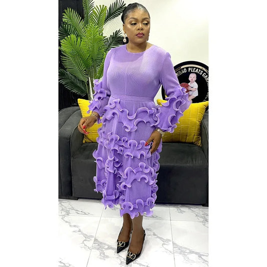 Pleated Elegant Dress Long Sleeve Loose Plus Size Women's Dress