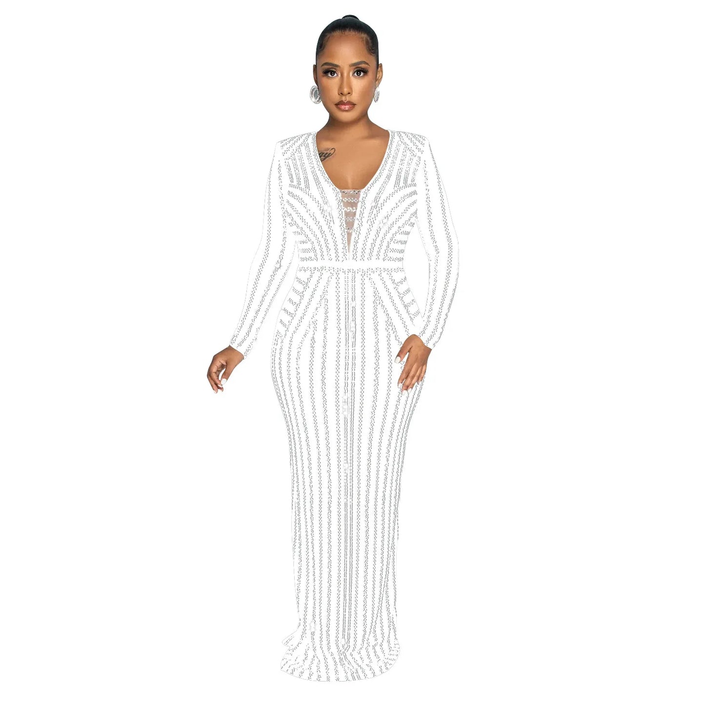 Black Sparkle Rhinestone Maxi Dress Fashion Long Sleeve V Neck Elegant Slim Long Party