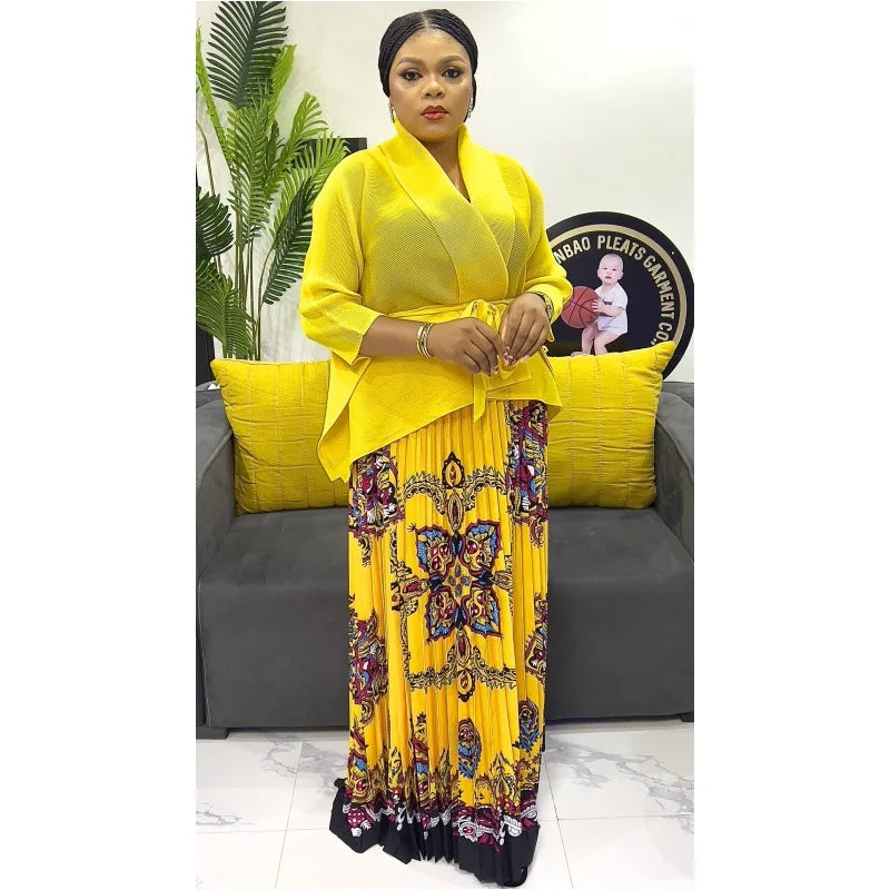 One Size Pleated Elegant Party 2 Piece Set Women Belt Batwing Sleeves Tops A-line Print Folds Long Skirt Fashion New Sets