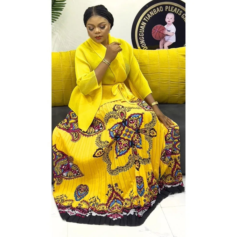 One Size Pleated Elegant Party 2 Piece Set Women Belt Batwing Sleeves Tops A-line Print Folds Long Skirt Fashion New Sets