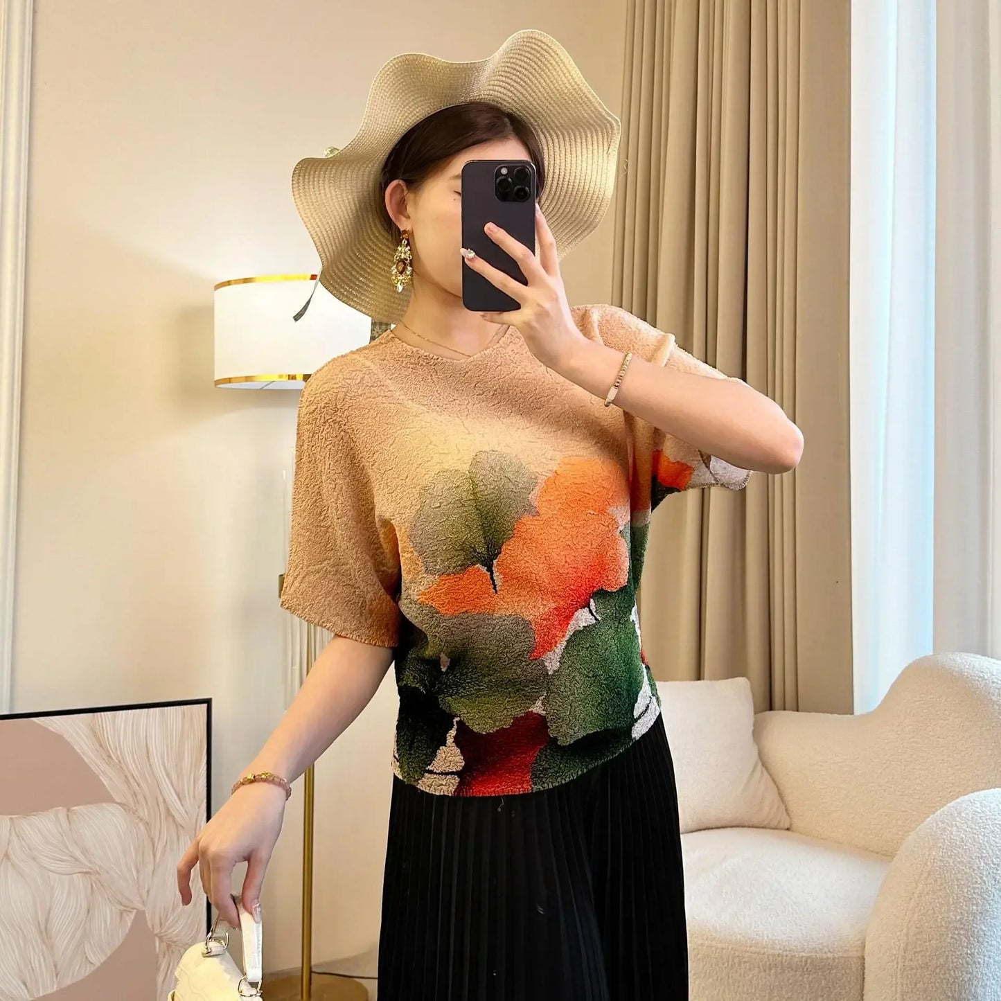 Pleated Top Women Round Neck Short Sleeve Dress