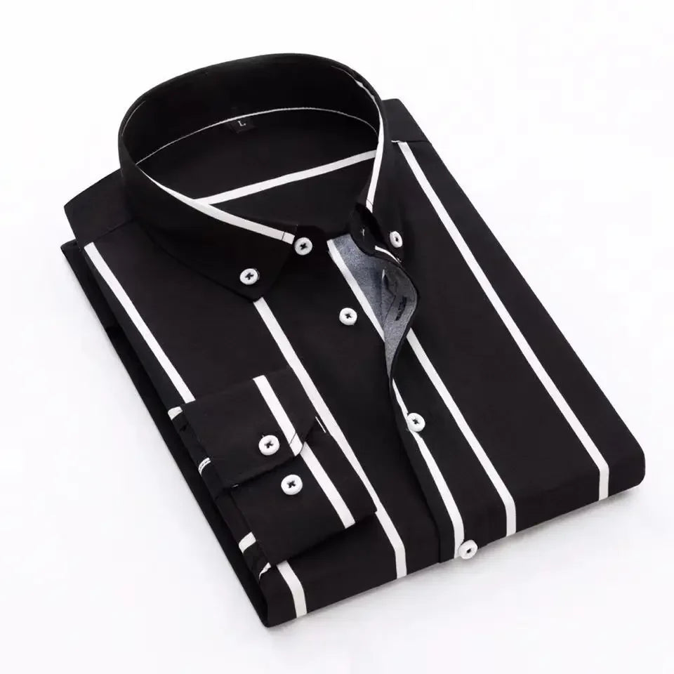 Men's Casual Shirts Classic Black White Striped Long Sleeve Shirts