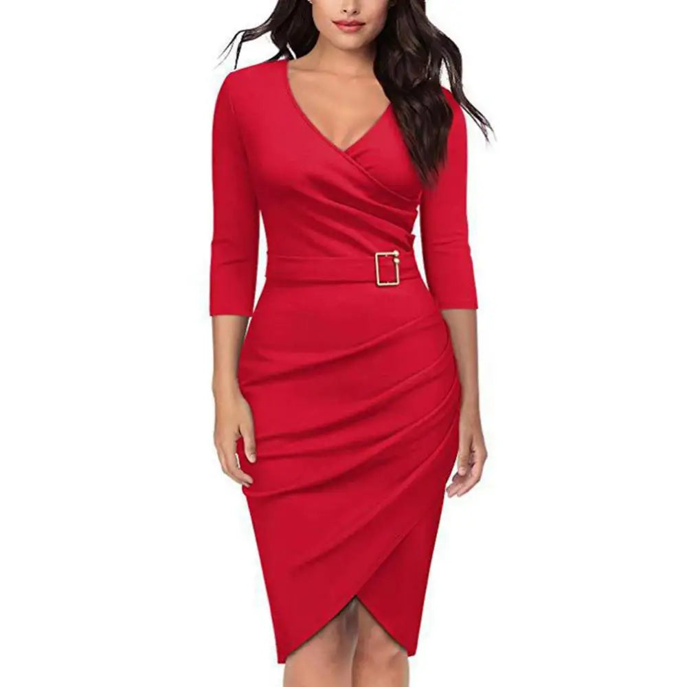 Women V Neck 3/4 Sleeve High Waist Belted Irregular Pencil Dress