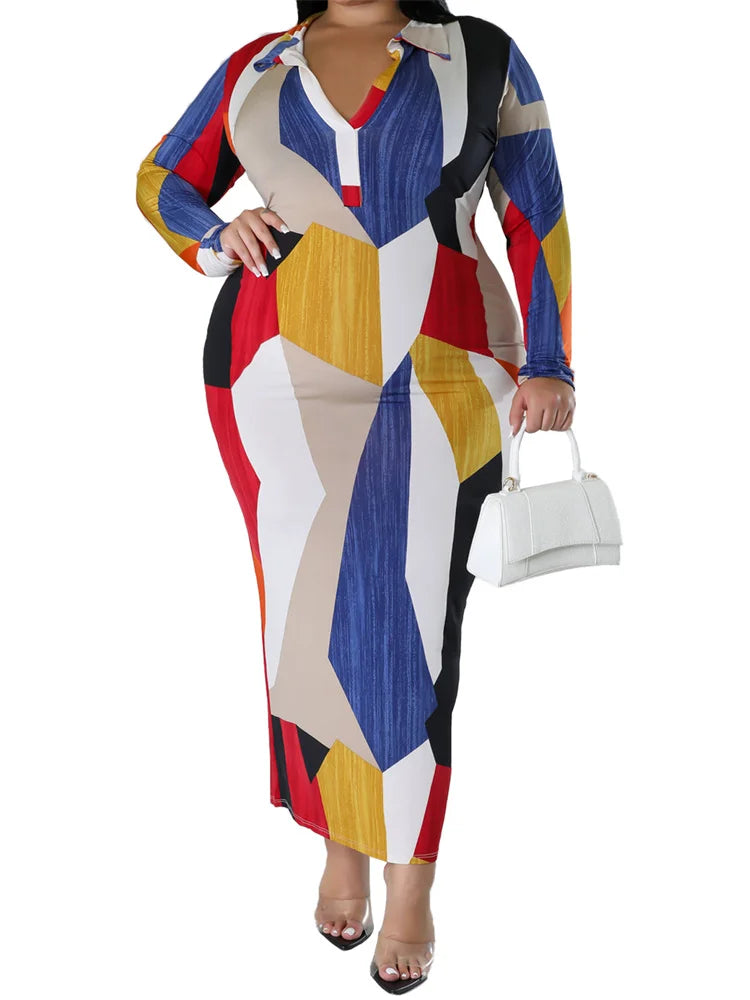 Women Printed Fashion Long Sleeve Bodycon Maxi Dresses
