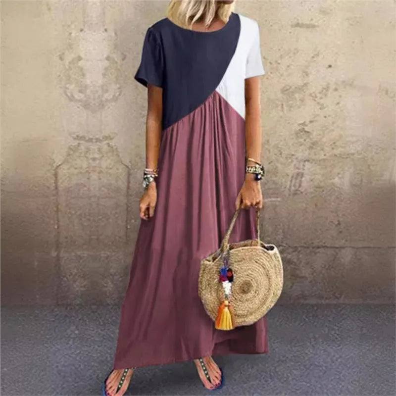 Spring And Summer Women's  Splicing Dress Casual Short Sleeved Round Neck Beach Long Dress
