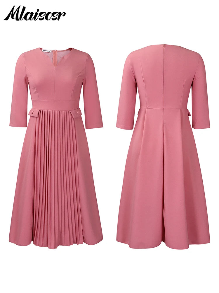 Elegant Pink A-line Dresses Women V-neck 3/4 Sleeve Pleat