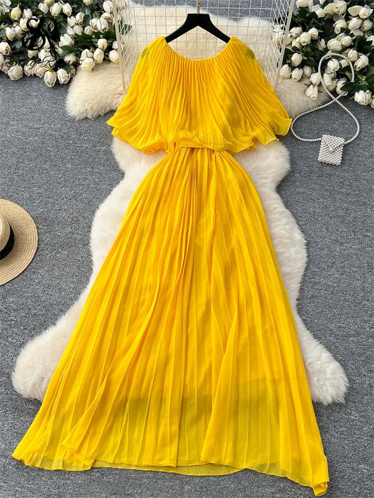 Chiffon Long Dress Short Sleeves Lace Up Slim Pleated Maxi Dress
