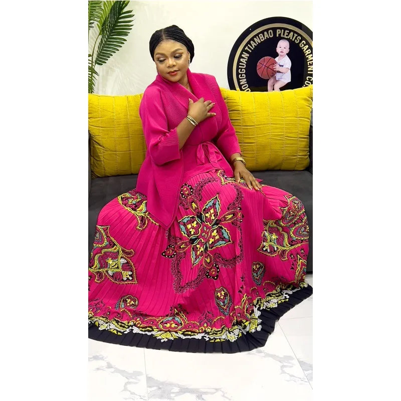 One Size Pleated Elegant Party 2 Piece Set Women Belt Batwing Sleeves Tops A-line Print Folds Long Skirt Fashion New Sets