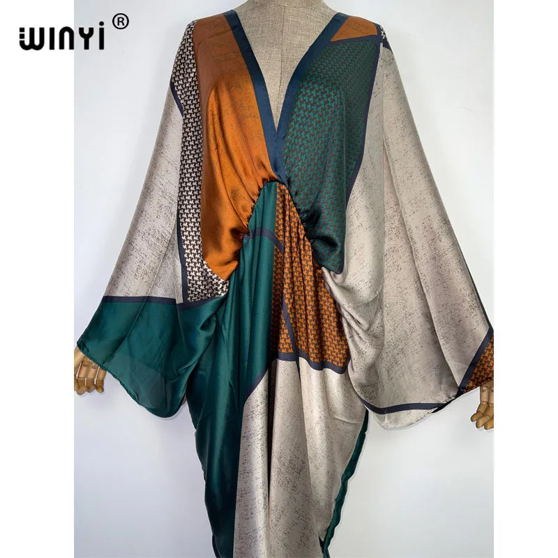 Retro Printed Party Long Dress Women Elegant kaftan Deep V Neck long Sleeve Dress