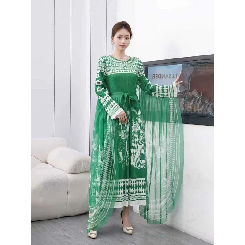 Pleated Maxi Dress 2025 Summer New Elegant Round Neck Long Sleeve Fashion Printed Lace Long Dresses for Women