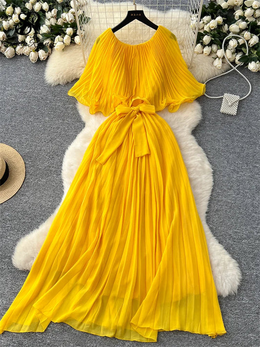 Chiffon Long Dress Short Sleeves Lace Up Slim Pleated Maxi Dress