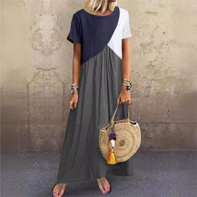 Spring And Summer Women's  Splicing Dress Casual Short Sleeved Round Neck Beach Long Dress