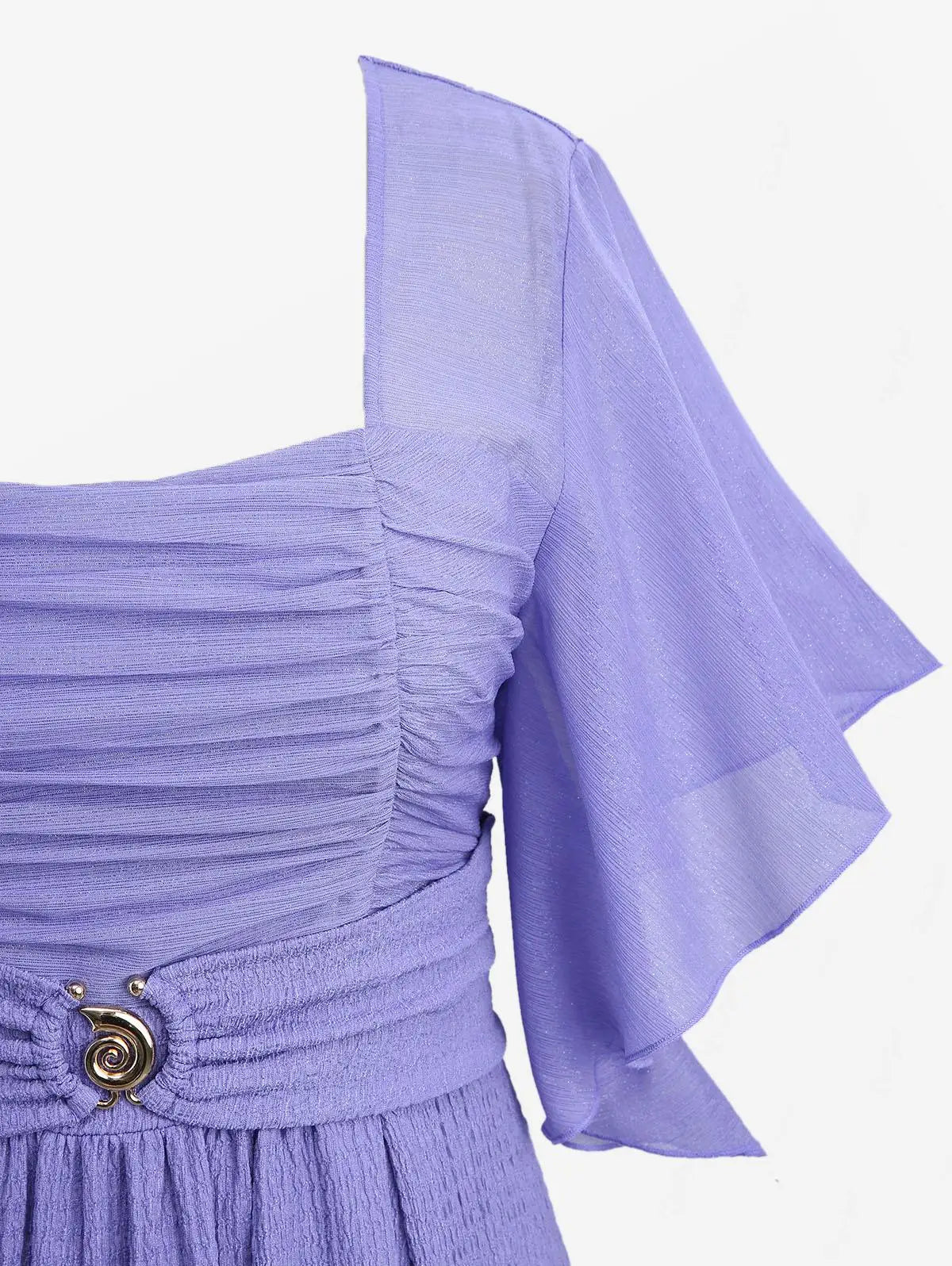 Ruched Buckle Butterfly Sleeves Dress  Light Purple Women Casual Dresses