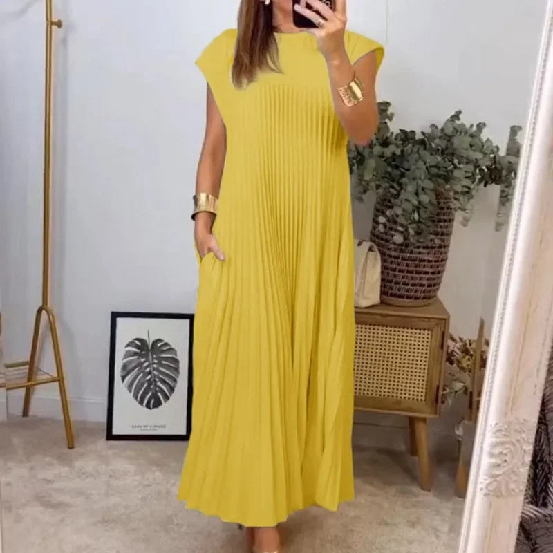 Long Dress Summer O-Neck Sleeveless Pleated Maxi Women's Dress