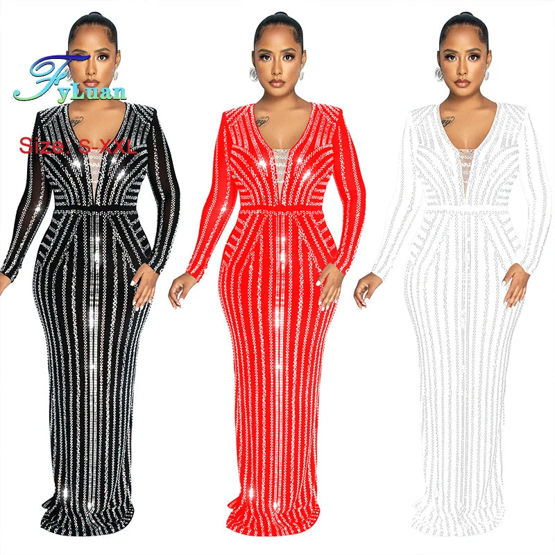 Black Sparkle Rhinestone Maxi Dress Fashion Long Sleeve V Neck Elegant Slim Long Party
