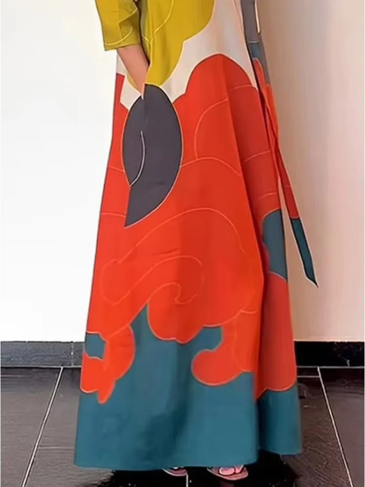 Spring Stylish Dress Women Long Sleeves Loose Fit Maxi Dress with Scarf Party Dresses