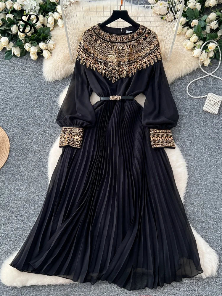 Sequined Vintage Long Dress Lantern Sleeves French Style Sashes Beading Pleated Maxi Dress