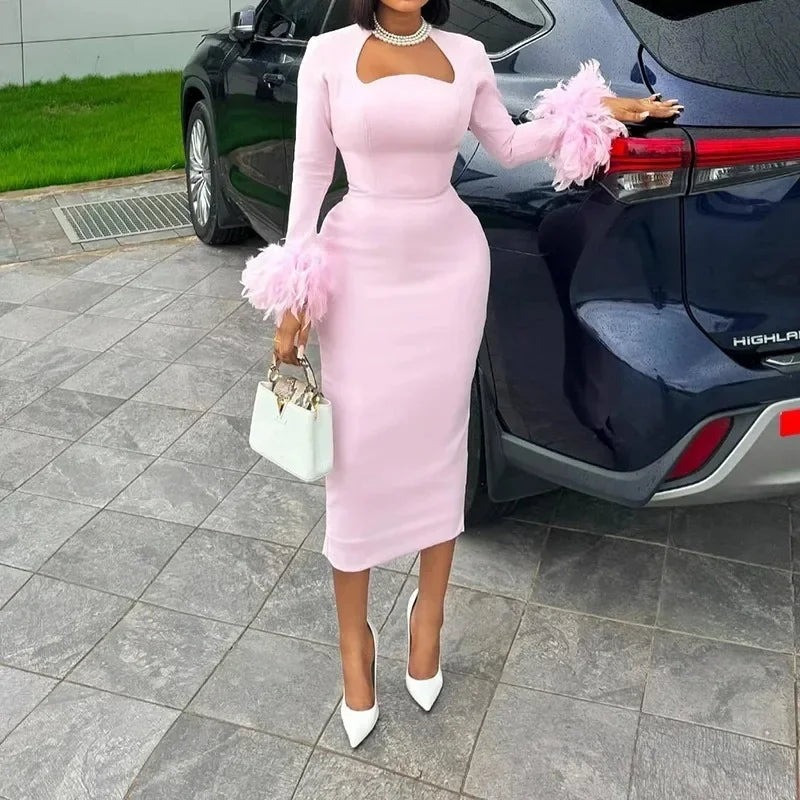 High Waisted Long Sleeve Feather Trim Split Bandage Dress
