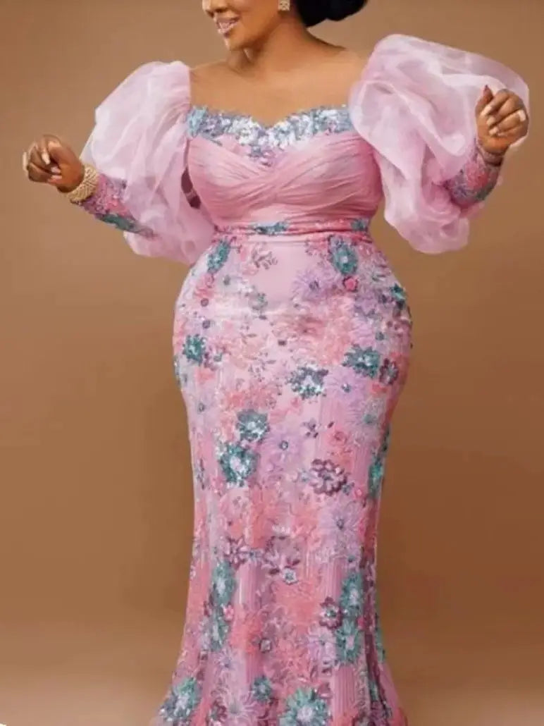 plus size women's Long floor-length pink dress evening fishtail skirt Denicy