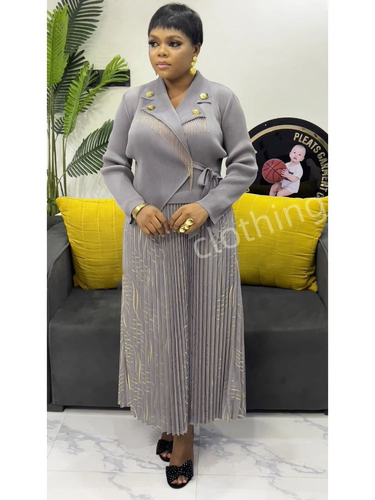 Pleated A-line Dress Suit Collar Mid To Long Cinching Women