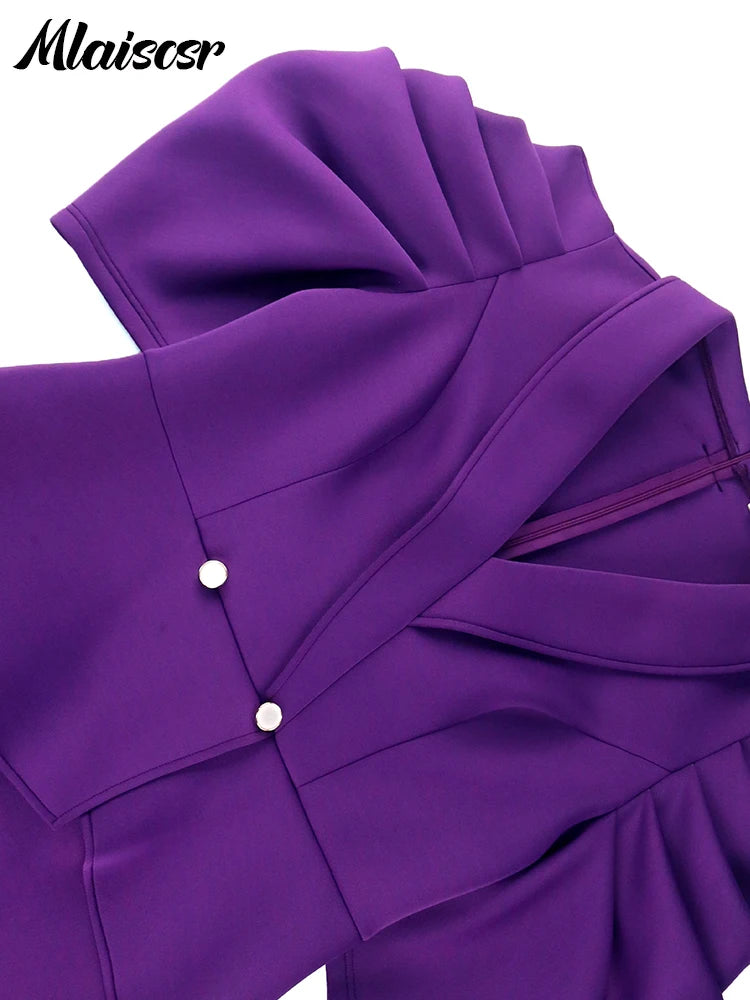 Elegant Bodycon Purple Dresses Woman V-Neck Half Sleeve