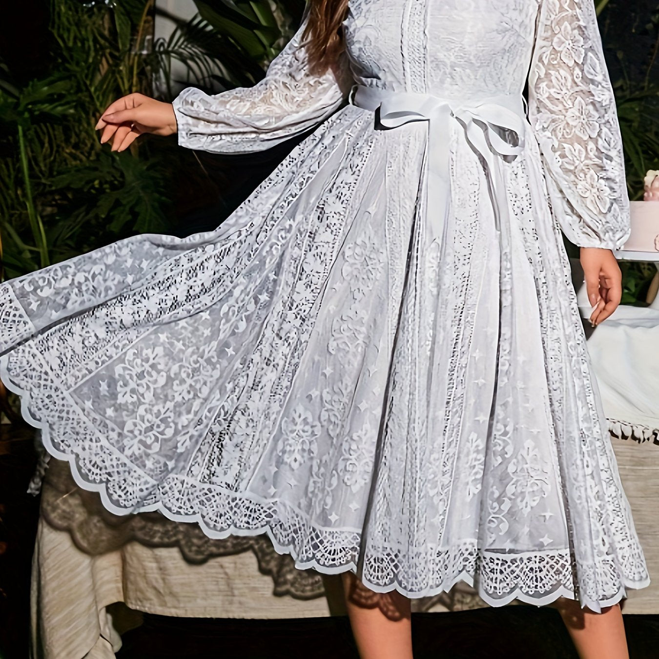 Plus Size Elegant Lace Dress High-Low Hem Tie Waist With Lantern Sleeves-Elegant Fashion Styles