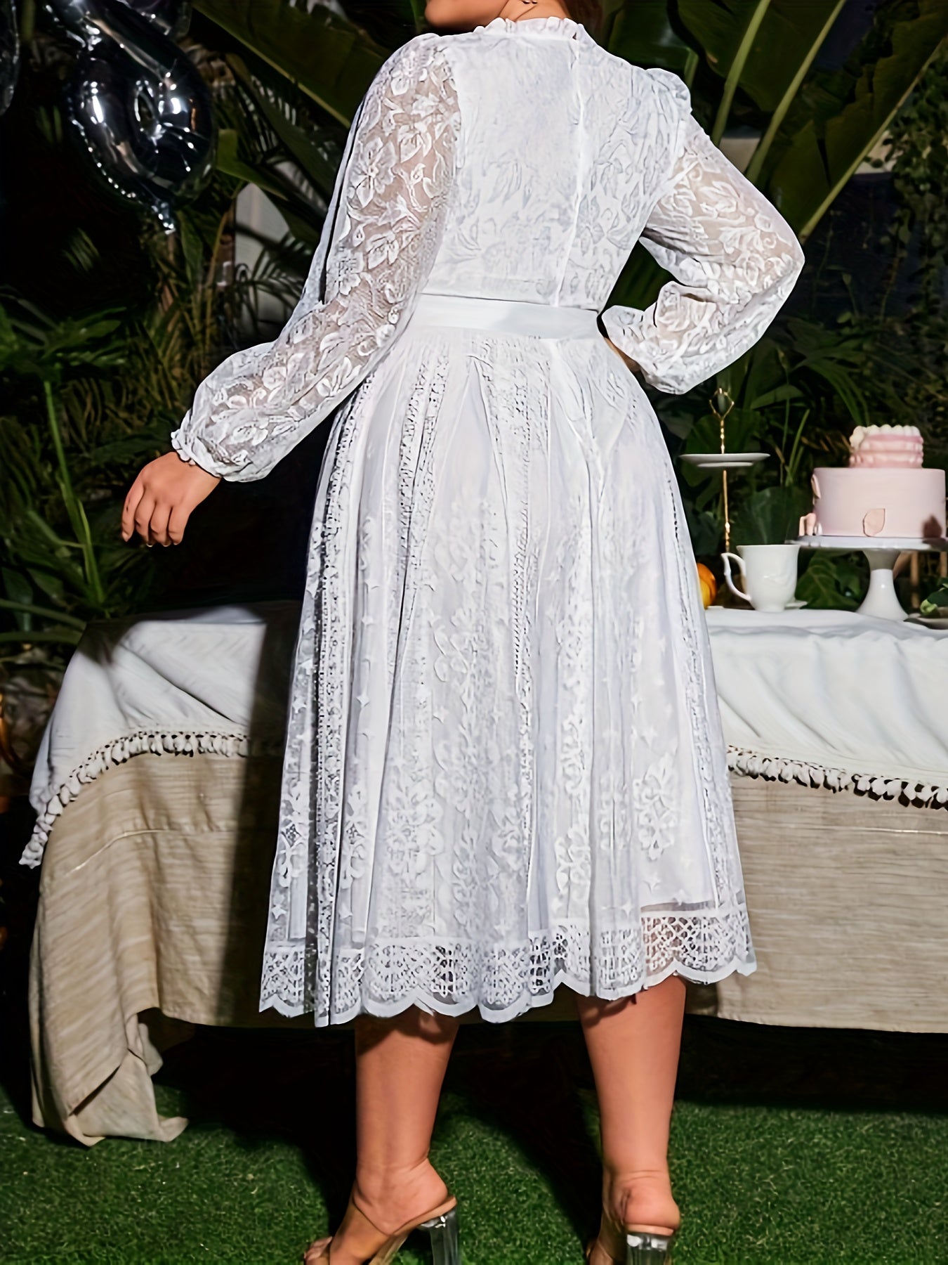 Plus Size Elegant Lace Dress High-Low Hem Tie Waist With Lantern Sleeves-Elegant Fashion Styles
