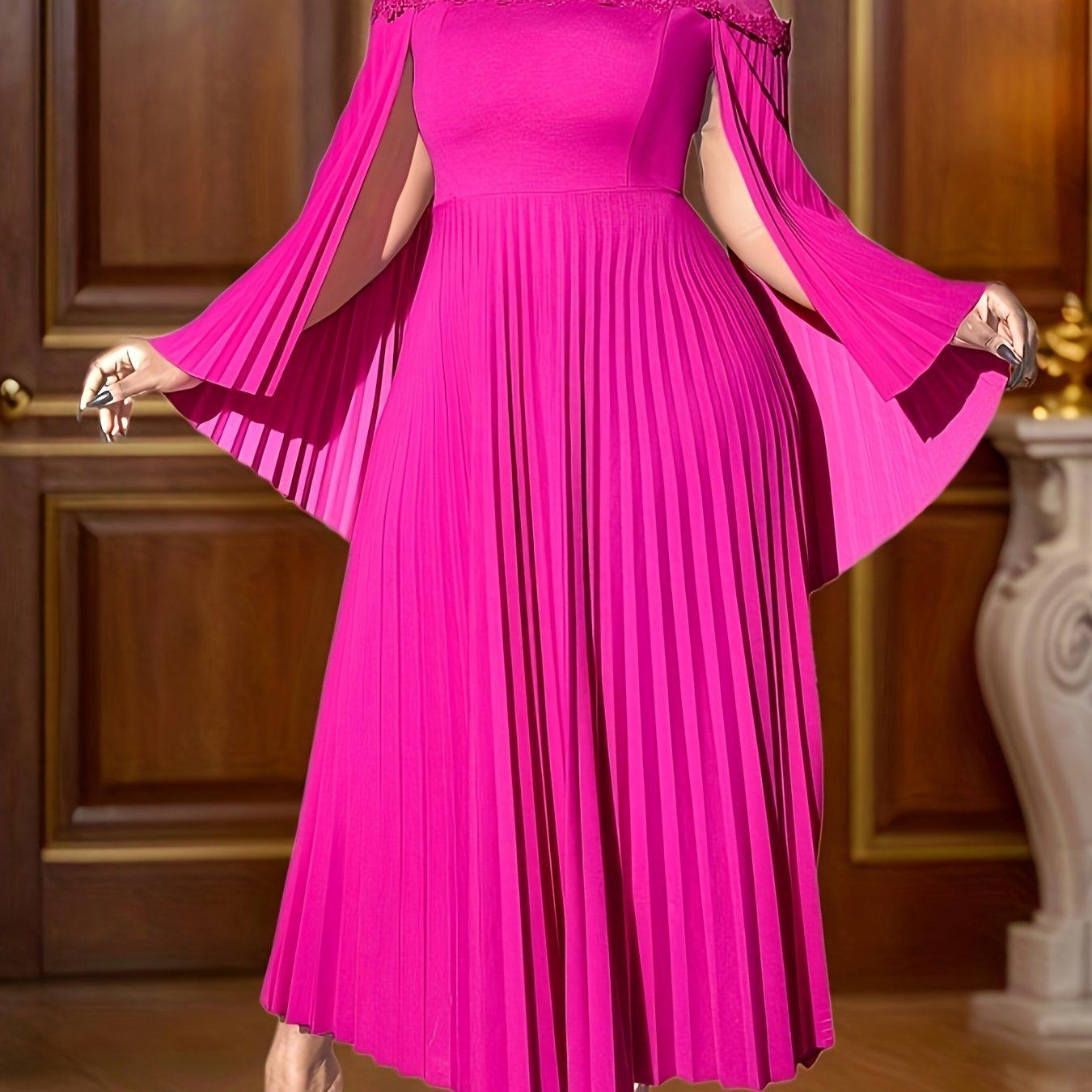 Pink Pleated Maxi Dress Flare Sleeves Mock Neck Chic A-Line Flowy Evening Gown-Elegant Fashion Styles