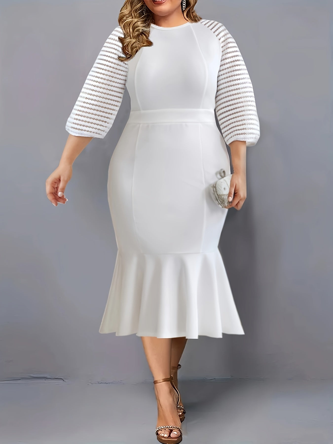 White Plus Size Womens Elegant Midi Mermaid Dress Half Sleeve Crew Neck-Elegant Fashion Styles