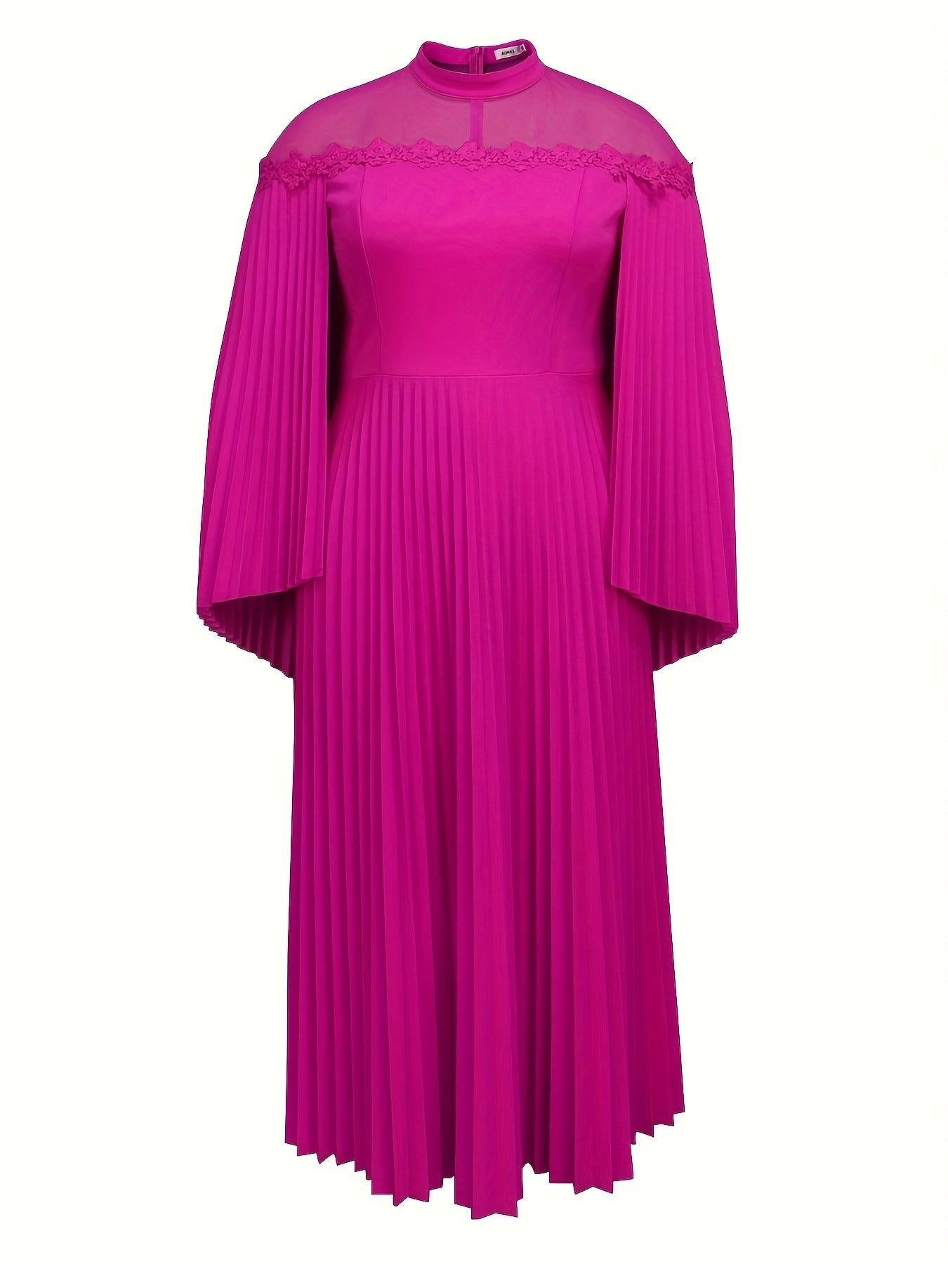Pink Pleated Maxi Dress Flare Sleeves Mock Neck Chic A-Line Flowy Evening Gown-Elegant Fashion Styles