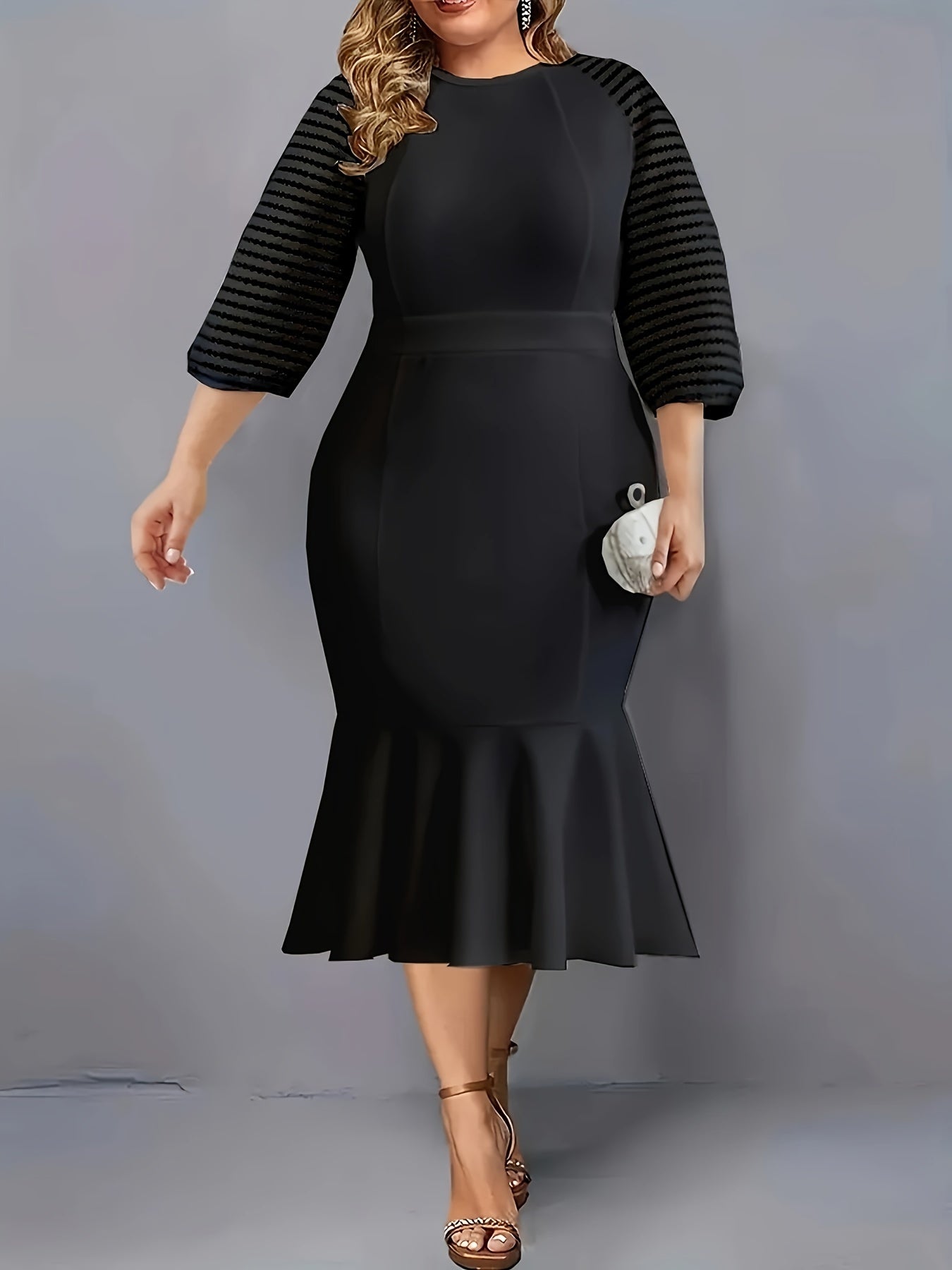 White Plus Size Womens Elegant Midi Mermaid Dress Half Sleeve Crew Neck-Elegant Fashion Styles