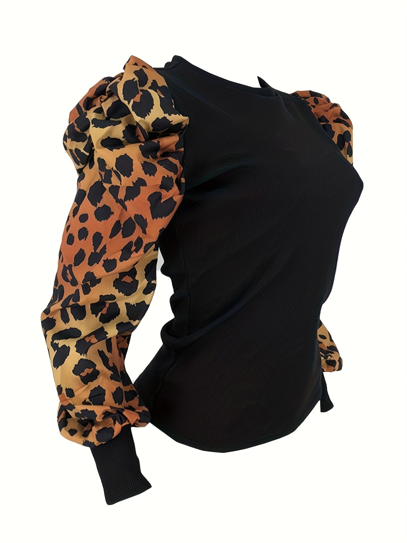 Leopard Print Crew Neck T-Shirt Puff Sleeve Women's Clothing-Elegant Fashion Styles