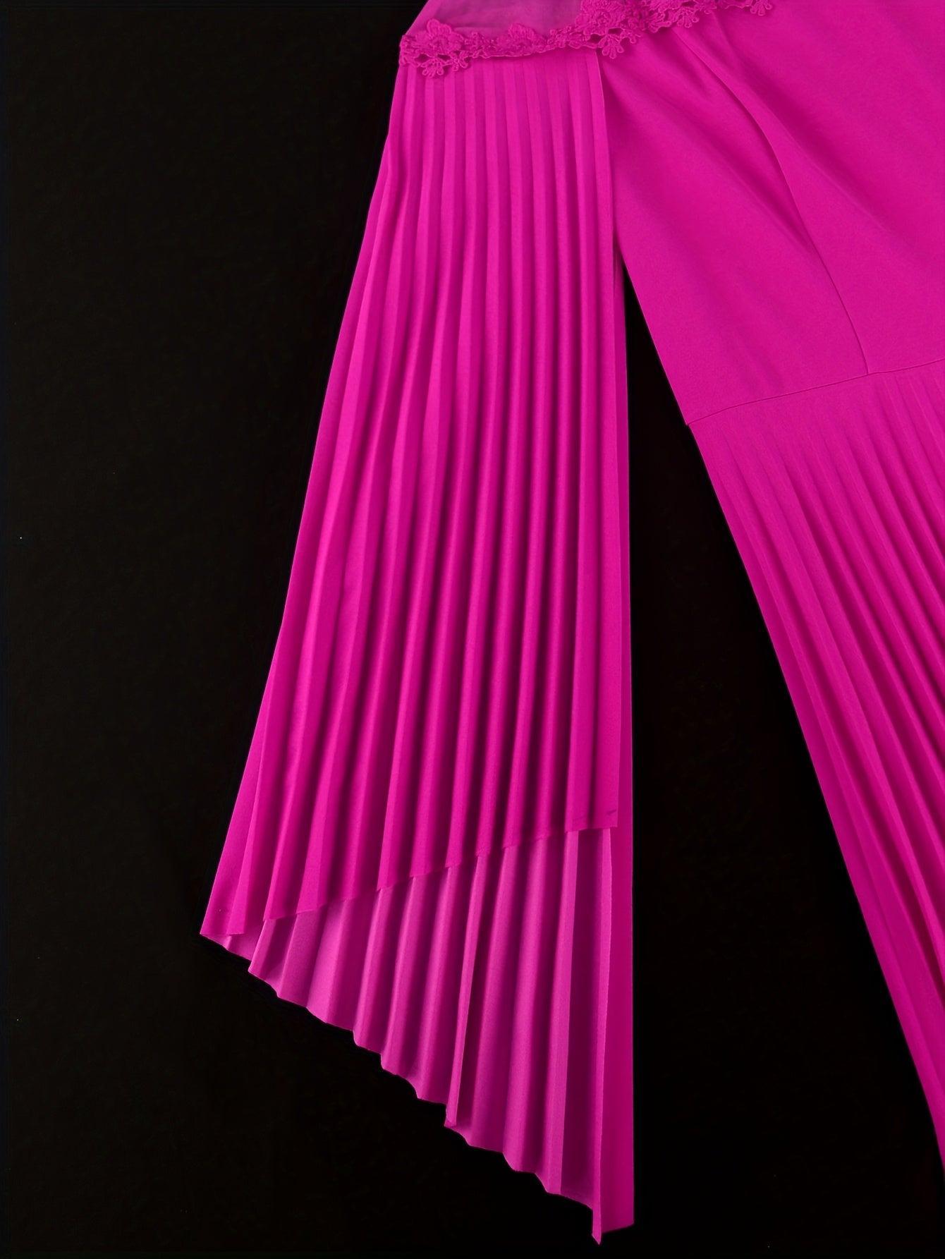 Pink Pleated Maxi Dress Flare Sleeves Mock Neck Chic A-Line Flowy Evening Gown-Elegant Fashion Styles