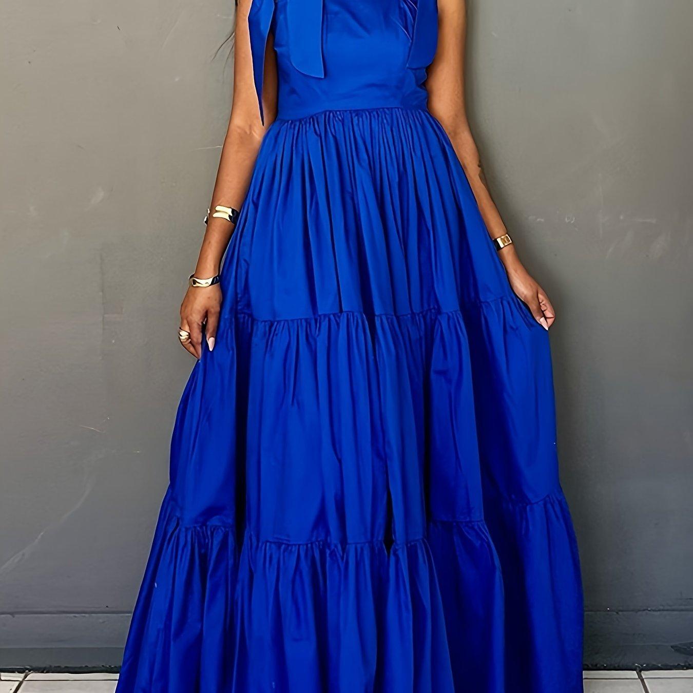 Solid Color Tie Shoulder Dress Sleeveless Tiered Hem Floor Length Dress-Elegant Fashion Styles
