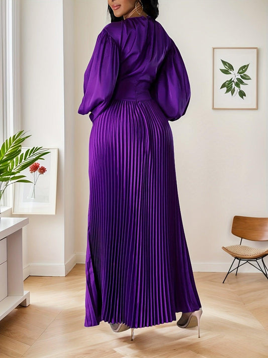 Elegant Women Long Skirt Round Neck Pleated High Waisted Long Sleeved Synthetic Silky Dress Spring Summer, Party Outfit-Elegant Fashion Styles