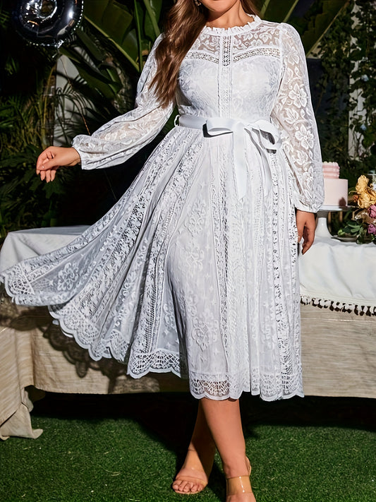 Plus Size Elegant Lace Dress High-Low Hem Tie Waist With Lantern Sleeves-Elegant Fashion Styles