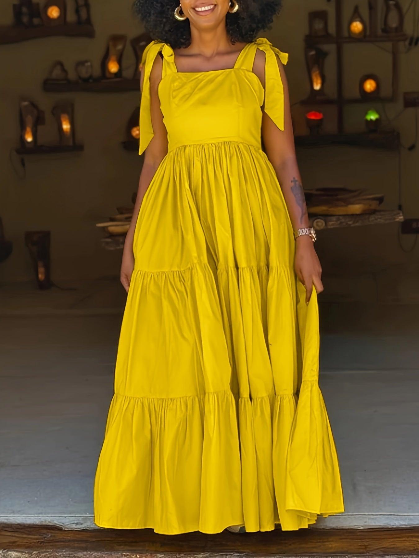 Solid Color Tie Shoulder Dress Sleeveless Tiered Hem Floor Length Dress-Elegant Fashion Styles