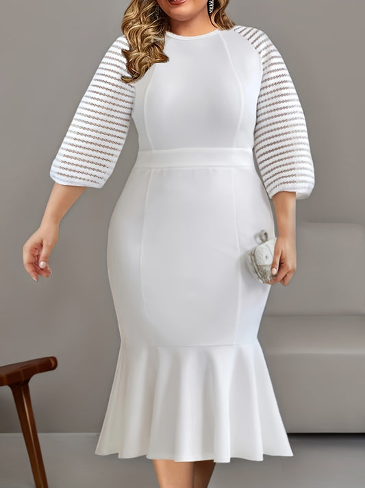 White Plus Size Womens Elegant Midi Mermaid Dress Half Sleeve Crew Neck-Elegant Fashion Styles