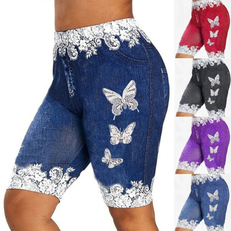 Women Pants Shorts Leggings Denim Ladies Short Pants Summer Floral Printed High Waist
