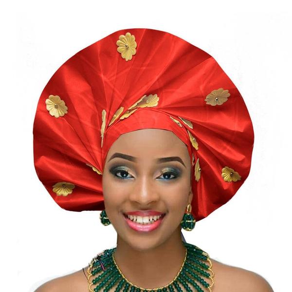 Gailis Ready To Wear Headtie African Turban headwear Ready Made Aso Oke Gele - red